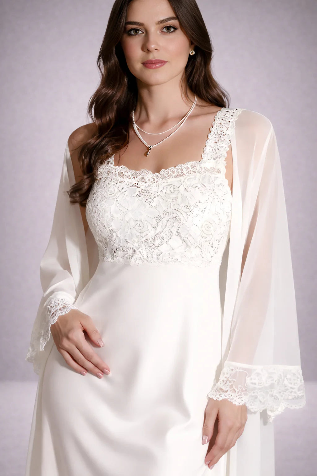 Women’s Ivory Satin Bridal Sleepwear Set – Lace Detail | Zilli Store