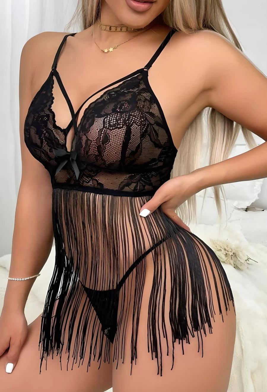 Sheer Tassel Black Lace Fringe Lingerie Set