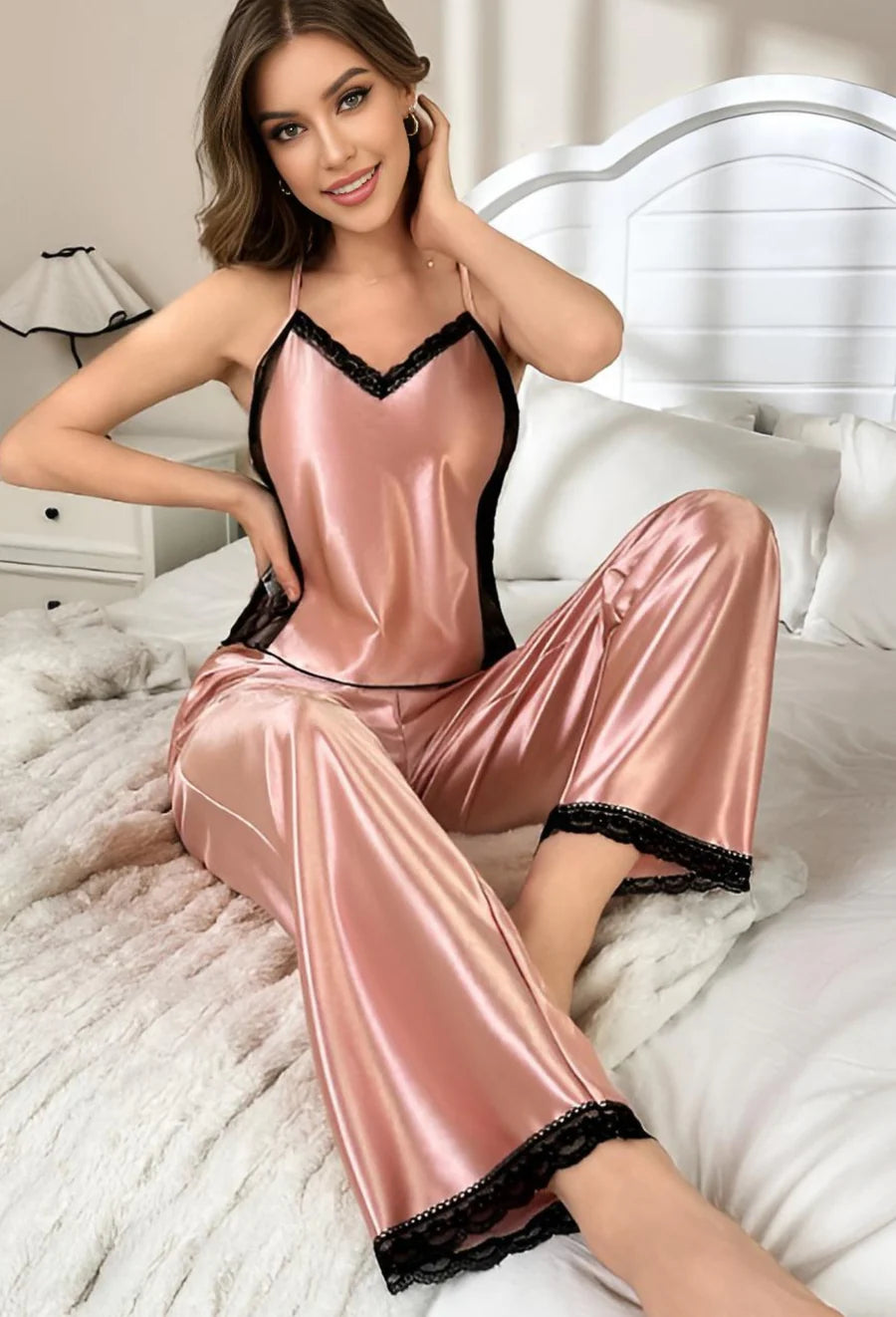 Elegant Pink Satin Lace Pajama