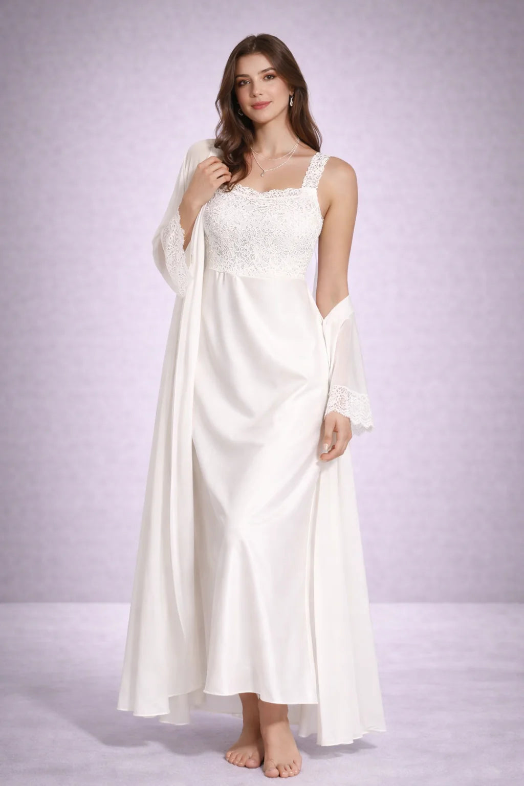 Women’s Ivory Satin Bridal Sleepwear Set – Lace Detail | Zilli Store