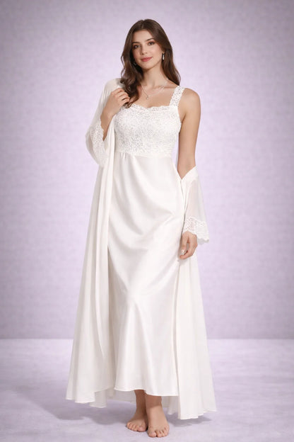 Women’s Ivory Satin Bridal Sleepwear Set – Lace Detail | Zilli Store