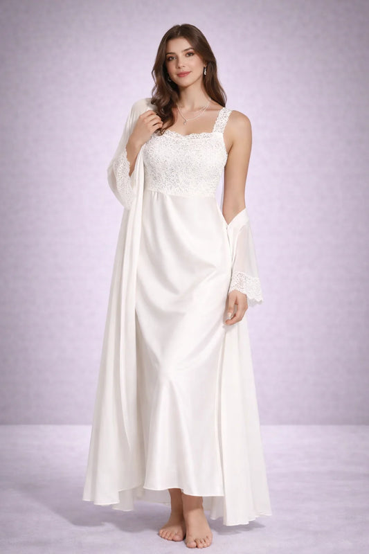 Women’s Ivory Satin Bridal Sleepwear Set – Lace Detail | Zilli Store
