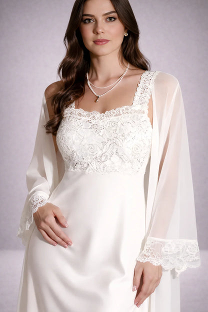 Women’s Ivory Satin Bridal Sleepwear Set – Lace Detail | Zilli Store