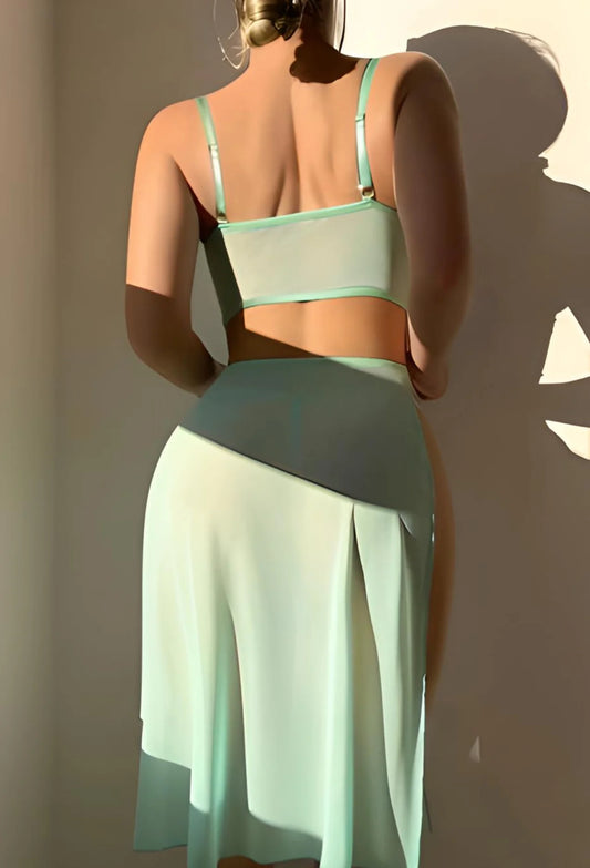 Mint Lace Two Piece Lingerie Set with High Slit Skirt | Zilli Store