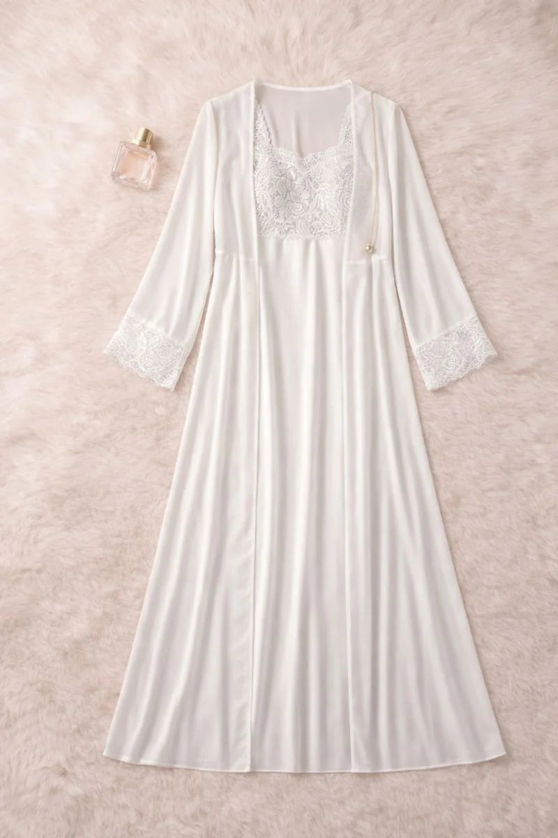 Women’s Ivory Satin Bridal Sleepwear Set – Lace Detail | Zilli Store