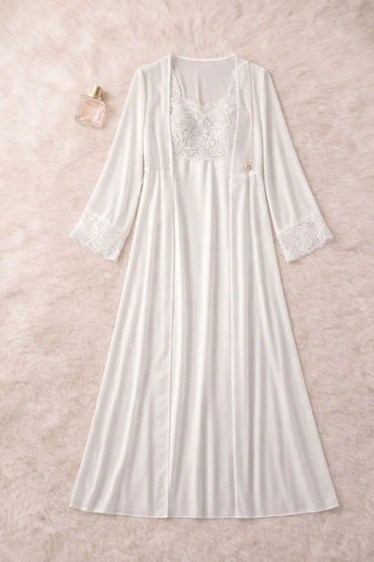 Women’s Ivory Satin Bridal Sleepwear Set – Lace Detail | Zilli Store