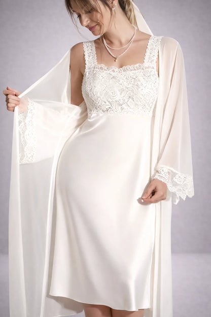 Women’s Ivory Satin Bridal Sleepwear Set – Lace Detail | Zilli Store