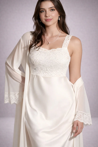 Women’s Ivory Satin Bridal Sleepwear Set – Lace Detail | Zilli Store