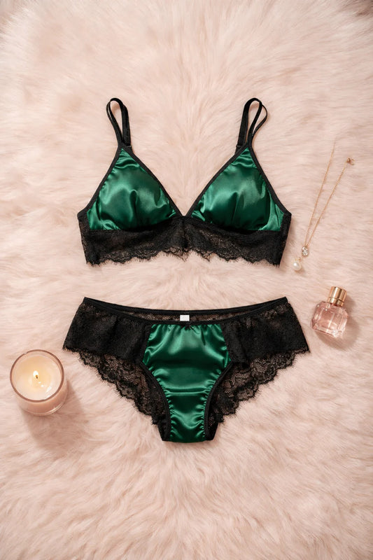 Emerald Satin Lace Lingerie Set Midnight Emerald | Zilli Store