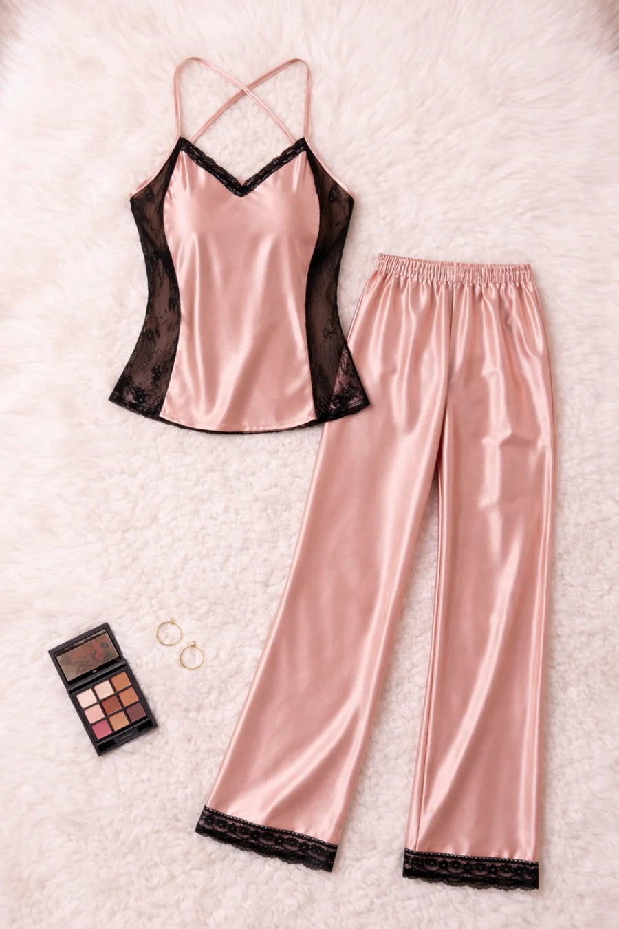 Elegant Pink Satin Lace Pajama