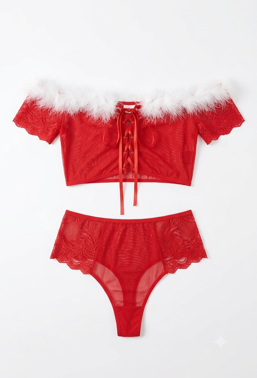 Red Hot Holiday Lace Set with Feather Trim