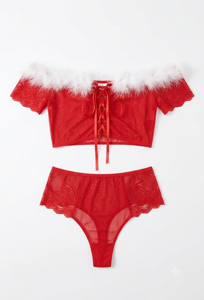 Red Hot Holiday Lace Set with Feather Trim