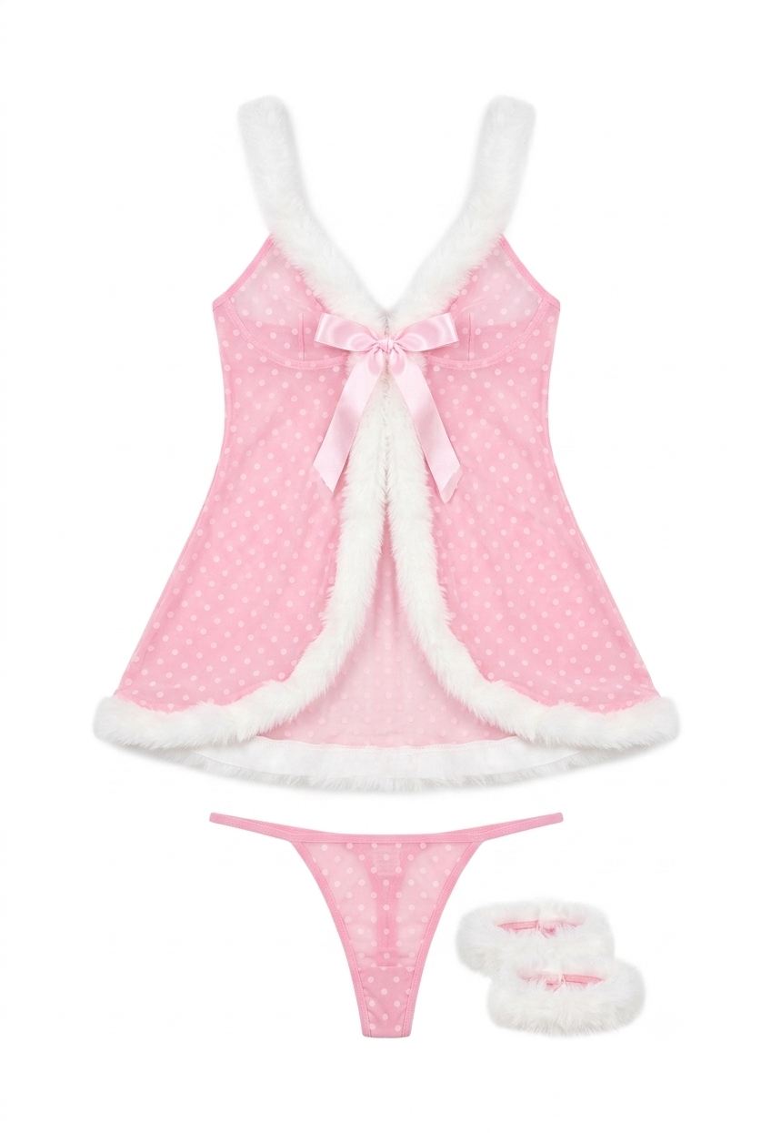 Pink Polka Dot Mesh Babydoll Lingerie with Fur Trim | Zilli Store