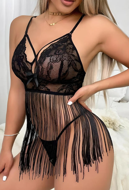 Sheer Tassel Black Lace Fringe Lingerie Set