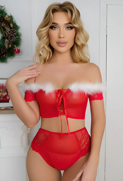 Red Hot Holiday Lace Set with Feather Trim