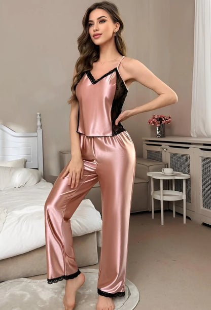 Elegant Pink Satin Lace Pajama